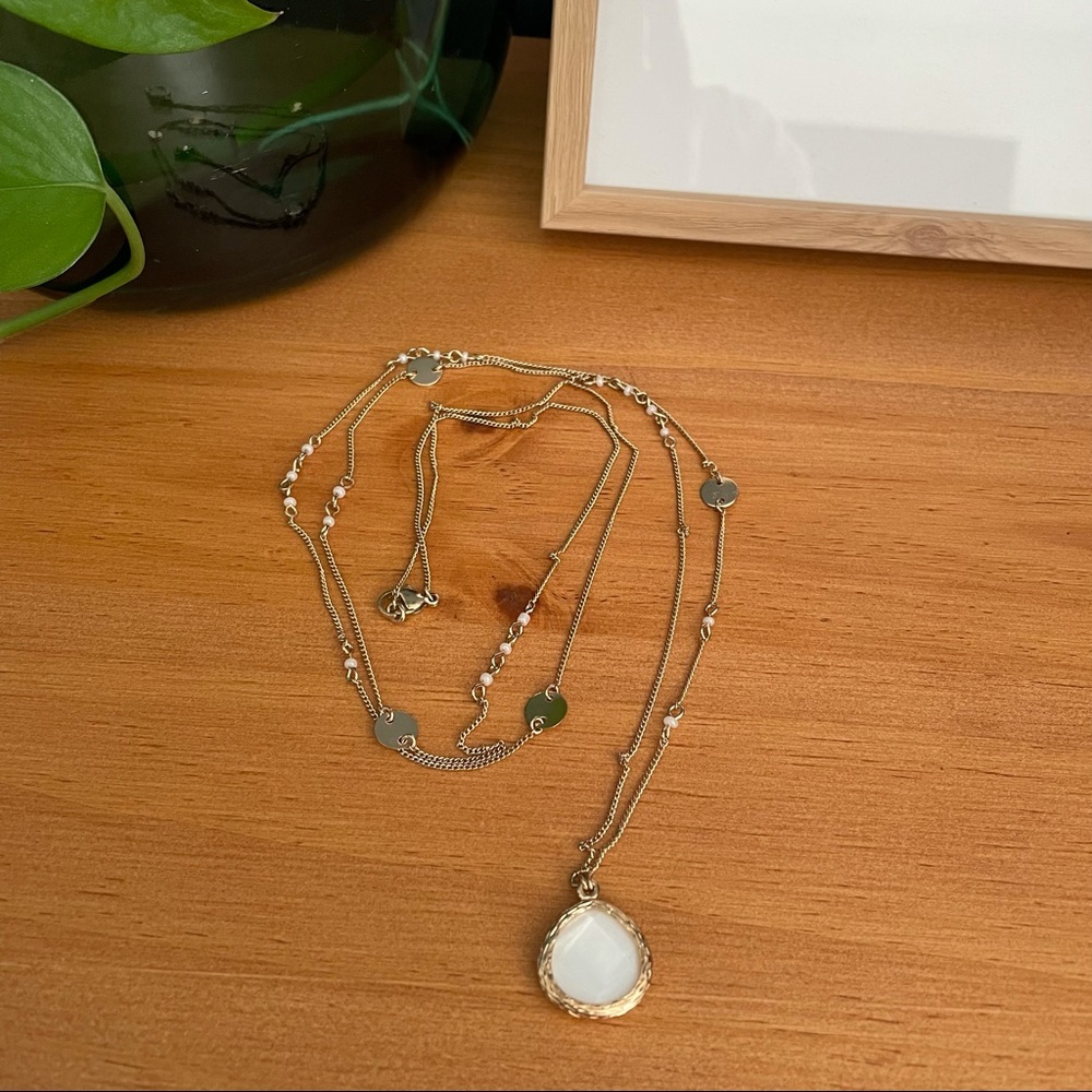 Boho Gold White Stone Pendant Beaded Long Layering Necklace